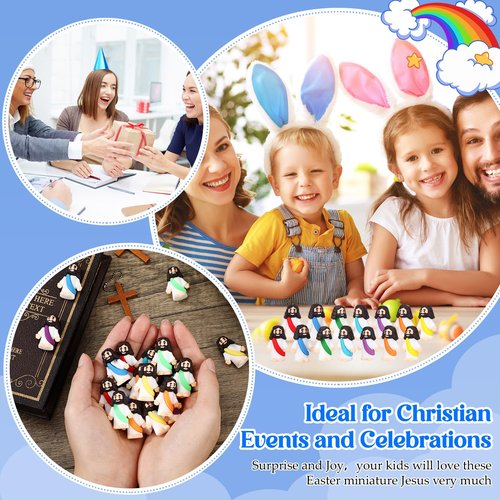 Bememo 25 Pcs Little Jesus Figures Original Design Mini Rubber Jesus Figurine to Hide and Seek Religious Party Favors Sunday Baptism Gifts(Rainbow Colors)