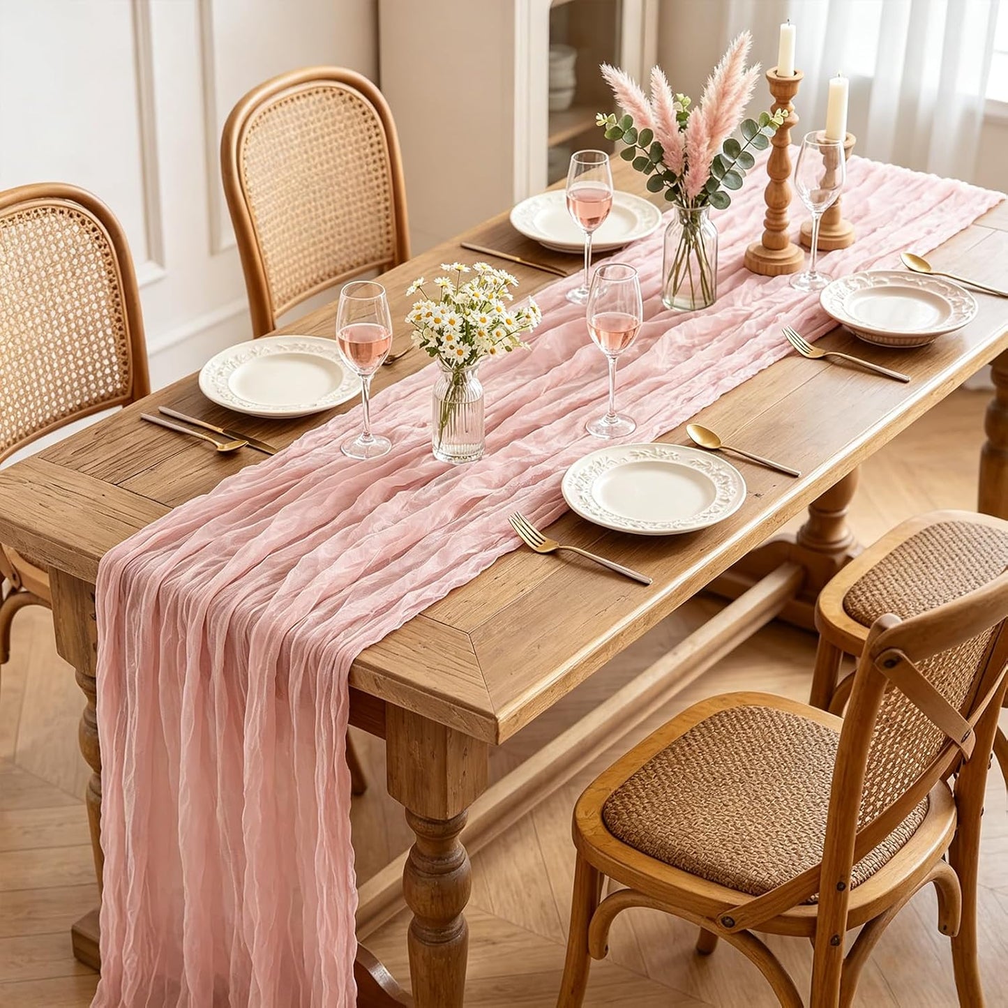 Skiennix Pink Cheesecloth Table Runner - 10FT Dusty Pink Boho Style for Weddings & Events