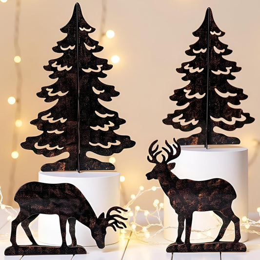 YULETIME 4-Piece Metal Christmas Reindeer & Tree Silhouette Set - Festive Holiday Tabletop Decor