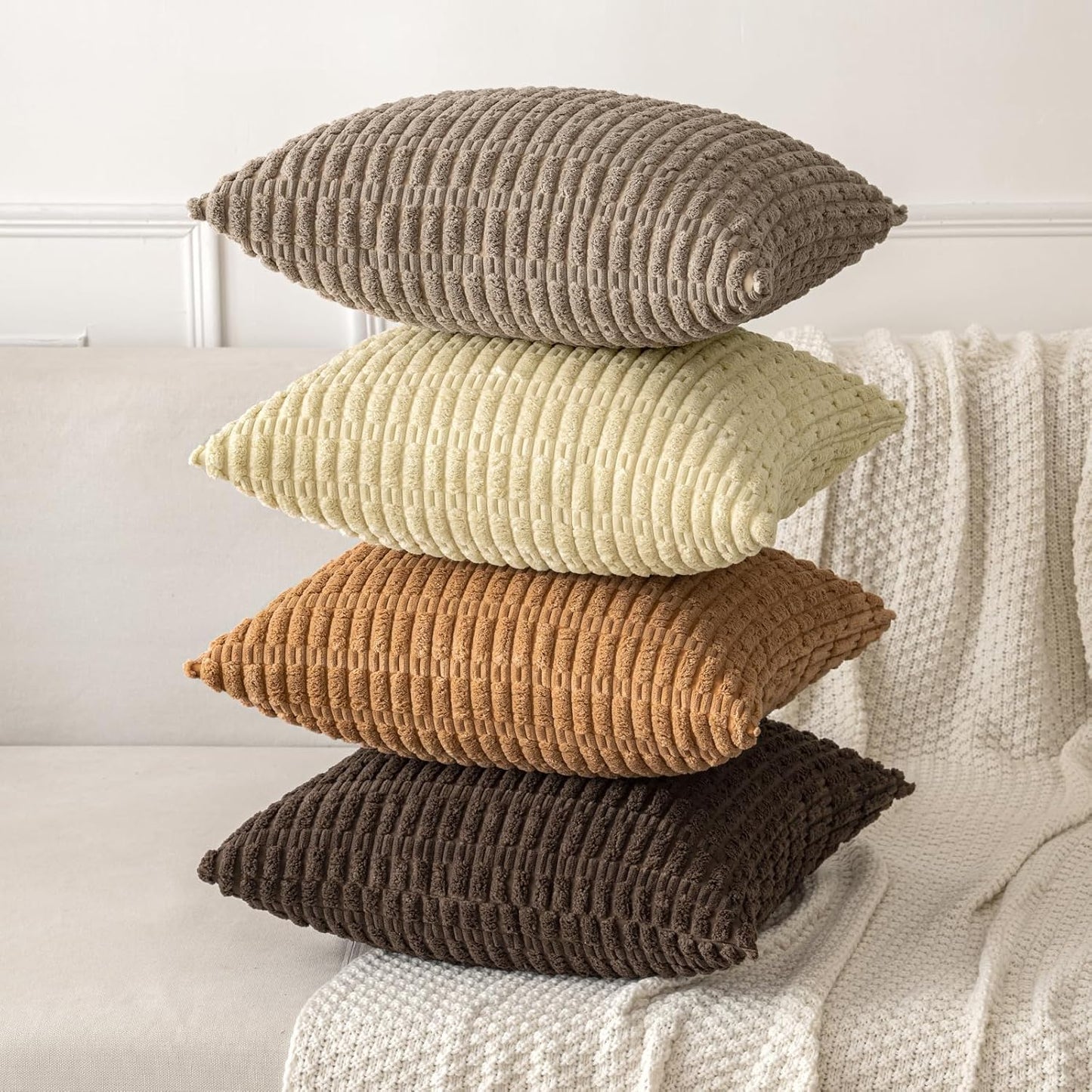 MIULEE Corduroy Throw Pillow Covers - Soft Boho Striped Design | 18x18 Inch, Brown, Perfect for Home Decor