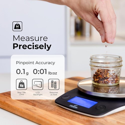 Fradel Digital Kitchen Food Scale - Accurate 0.1g Measurement in Grams & Ounces | 11lb Capacity, Round Design