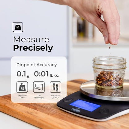 Fradel Digital Kitchen Food Scale - Accurate 0.1g Measurement in Grams & Ounces | 11lb Capacity, Round Design