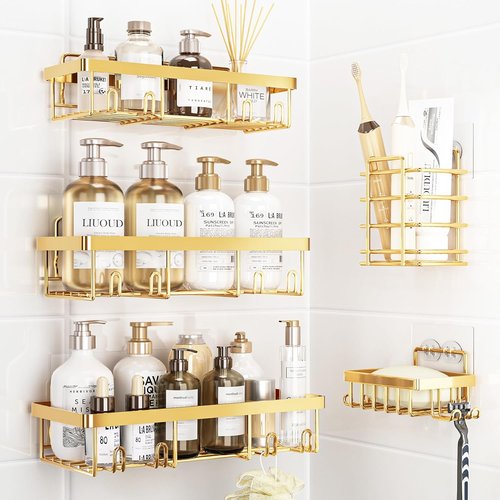Liuoud Shower Caddy Organizer - Rustproof Stainless Steel Wall Storage Basket Set - Gold Finish, 5 Pack