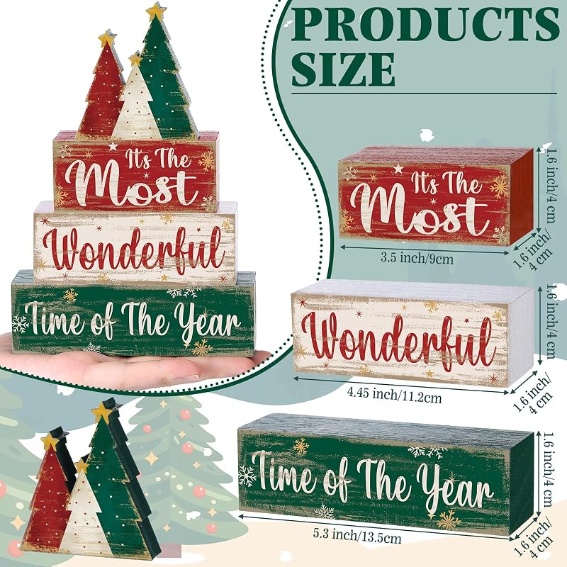 Moucuny 4 Pcs Christmas Tree Table Decorations - Wooden Blocks Signs, Tree Variation