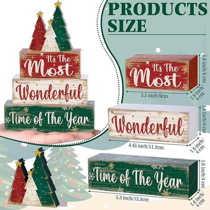 Moucuny 4 Pcs Christmas Tree Table Decorations - Wooden Blocks Signs, Tree Variation
