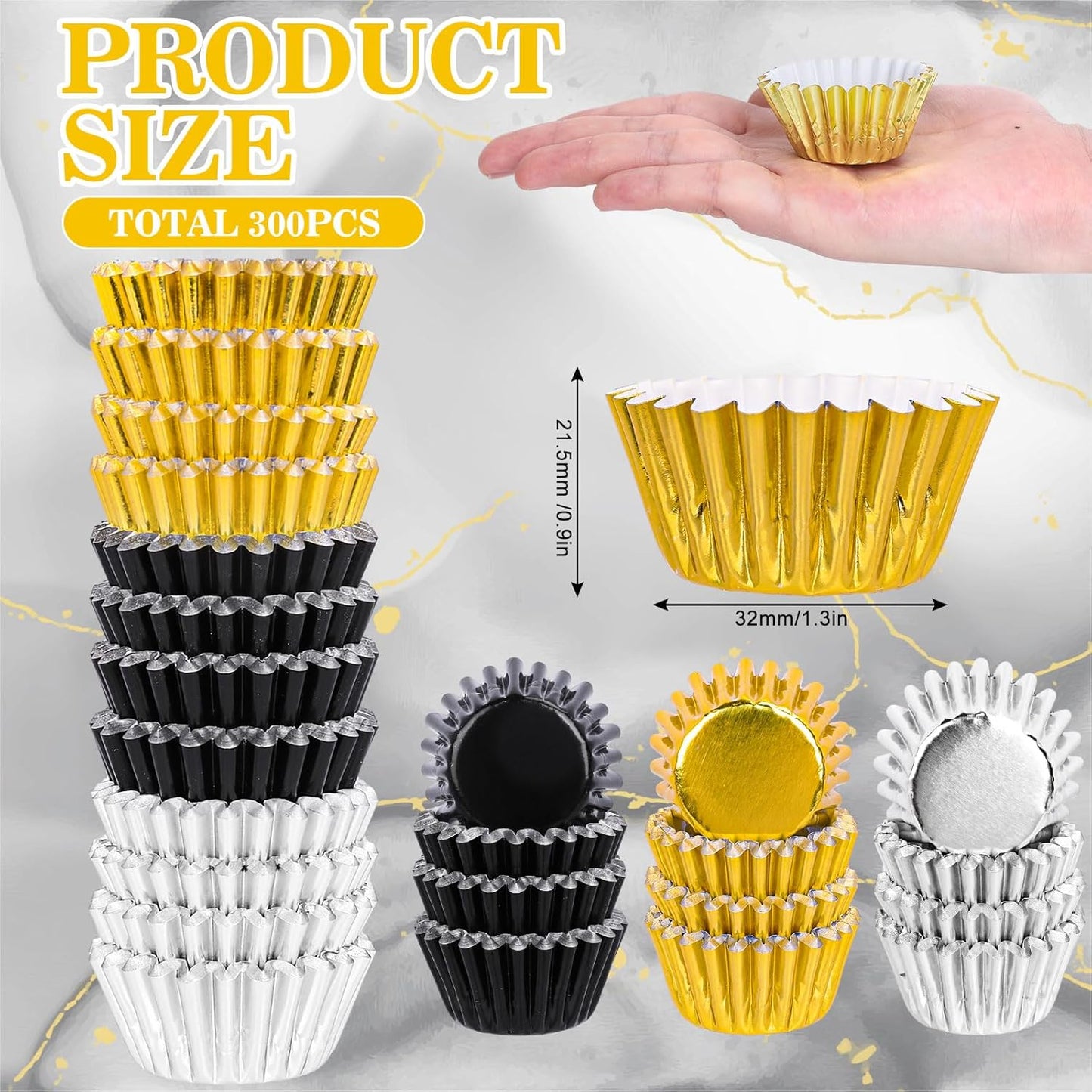 Whaline Graduation Mini Cupcake Liners - 300 Pcs Black Gold Silver Foil Baking Cups for Parties