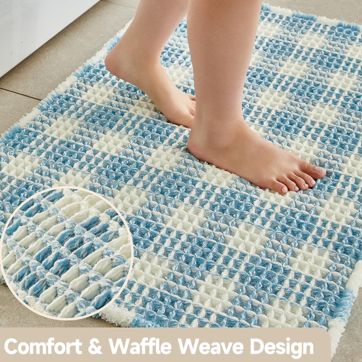 TYUU Waffle Runner Rug Bathroom, Long Boho Bathroom Rugs Non Slip Washable Absorbent Checkered Bathroom Mat Quick Dry Cute Bath Mat, 60"x24" Blue and White