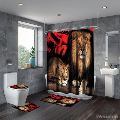 Neween 4PCS Lion Shower Curtain Set with Non-Slip Rugs, Toilet Lid Cover and Bath Mat, Shower Curtain Polyester Cloth Bath Curtain Set with 12 Hooks, Waterproof Washable Bathroom Decor Set (Lion)