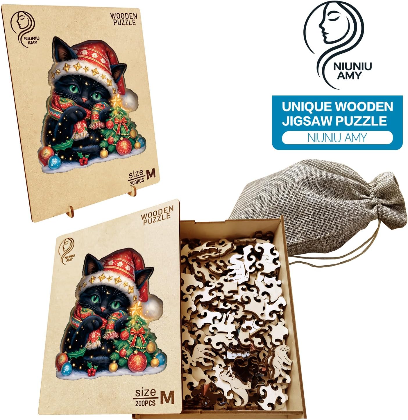 Skiennix Wooden Jigsaw Puzzle - 200 Piece Christmas Cat Design | Unique 11 x 11 Inch Challenge for Adults