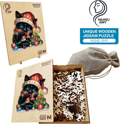 Skiennix Wooden Jigsaw Puzzle - 200 Piece Christmas Cat Design | Unique 11 x 11 Inch Challenge for Adults