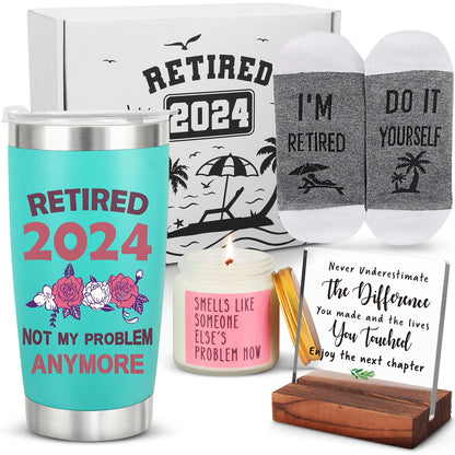 Retirement Gift for Woman 2024, Funny Happy Retirement Party Decoration Gifts, Retired Goodbye Gifts for Coworker Boss Teacher, Women Retirement Tumbler Cup Socks Candle Decoration Sign Gifts Set