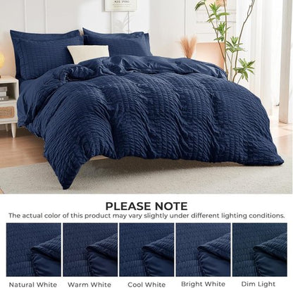 HYMOKEGE King Size Comforter Set - Navy Blue Seersucker 7-Piece Luxury Bedding Set | All-Season Comfort