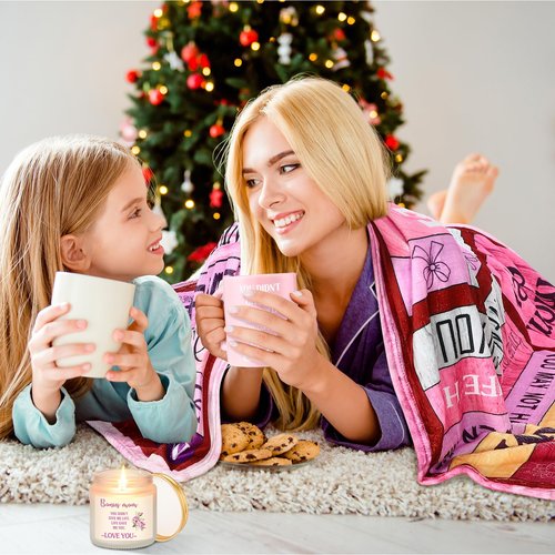 Dingion 11 Pcs Bonus Mom Gifts Set Stepmom Birthday Gifts with Makeup Bag Mug 50" x 60" Throw Blanket Socks Keychain Pillow