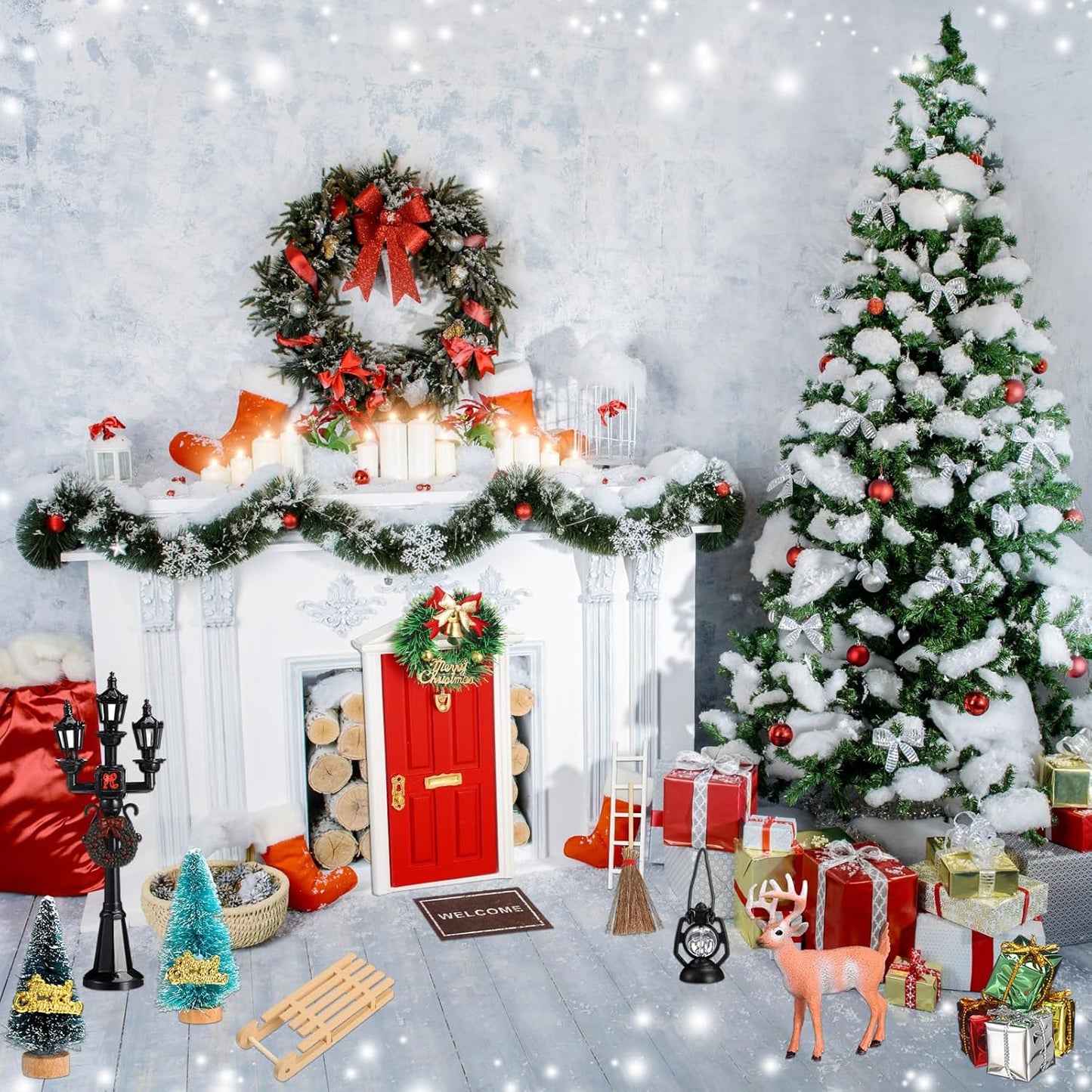Shappy Christmas Elf Fairy Doors - 39 Pcs Enchanted Wooden Miniature Decor for Girls | Red Outdoor Xmas Accessories