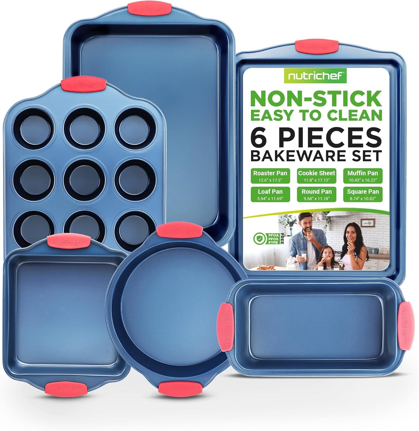 NutriChef 6-Piece Bakeware Set - Nonstick Carbon Steel Pans with Red Silicone Handles | Durable & Stain-Resistant (Blue)