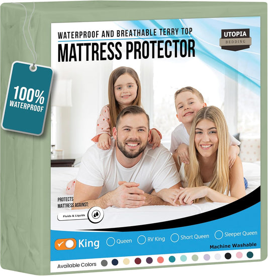 Utopia Bedding Waterproof King Size Mattress Protector - Premium 200 GSM Terry Cover, Soft & Breathable, Fitted with 17" Deep Pockets (Sage)