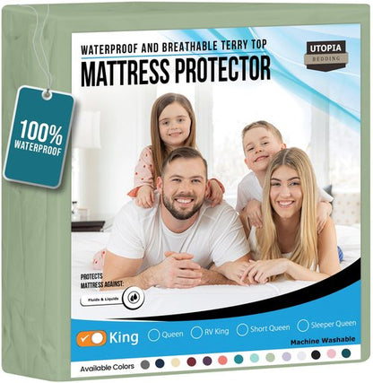 Utopia Bedding Waterproof Mattress Protector King Size, Premium 200 GSM Terry Mattress Cover, Soft & Breathable Bed Cover, Fitted Sheet Style with Stretchable Deep Pockets 17" (Sage)