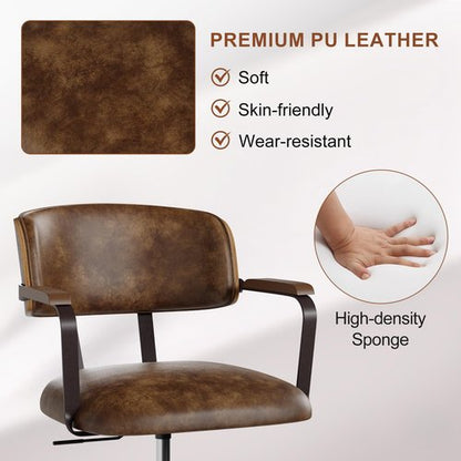 BFZ Mid Century Modern Home Office Chair, Faux Leather Rolling Swivel Desk Chair with Walnut Back, Adjustable Height Computer Task Armrests Chair for Home Office, Brown