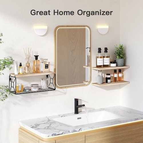 Amada Floating Bathroom Shelves - Stylish Over Toilet Storage with Basket | Natural Wood for Home Organization