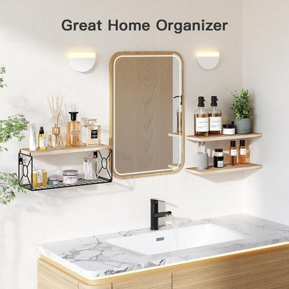 Amada Floating Bathroom Shelves - Stylish Over Toilet Storage with Basket | Natural Wood for Home Organization