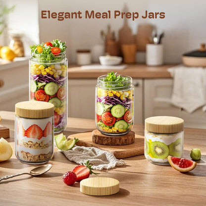 Skiennix 16oz Overnight Oats Containers - Airtight Glass Jars with Bamboo Lids for Meal Prep | 4-Pack