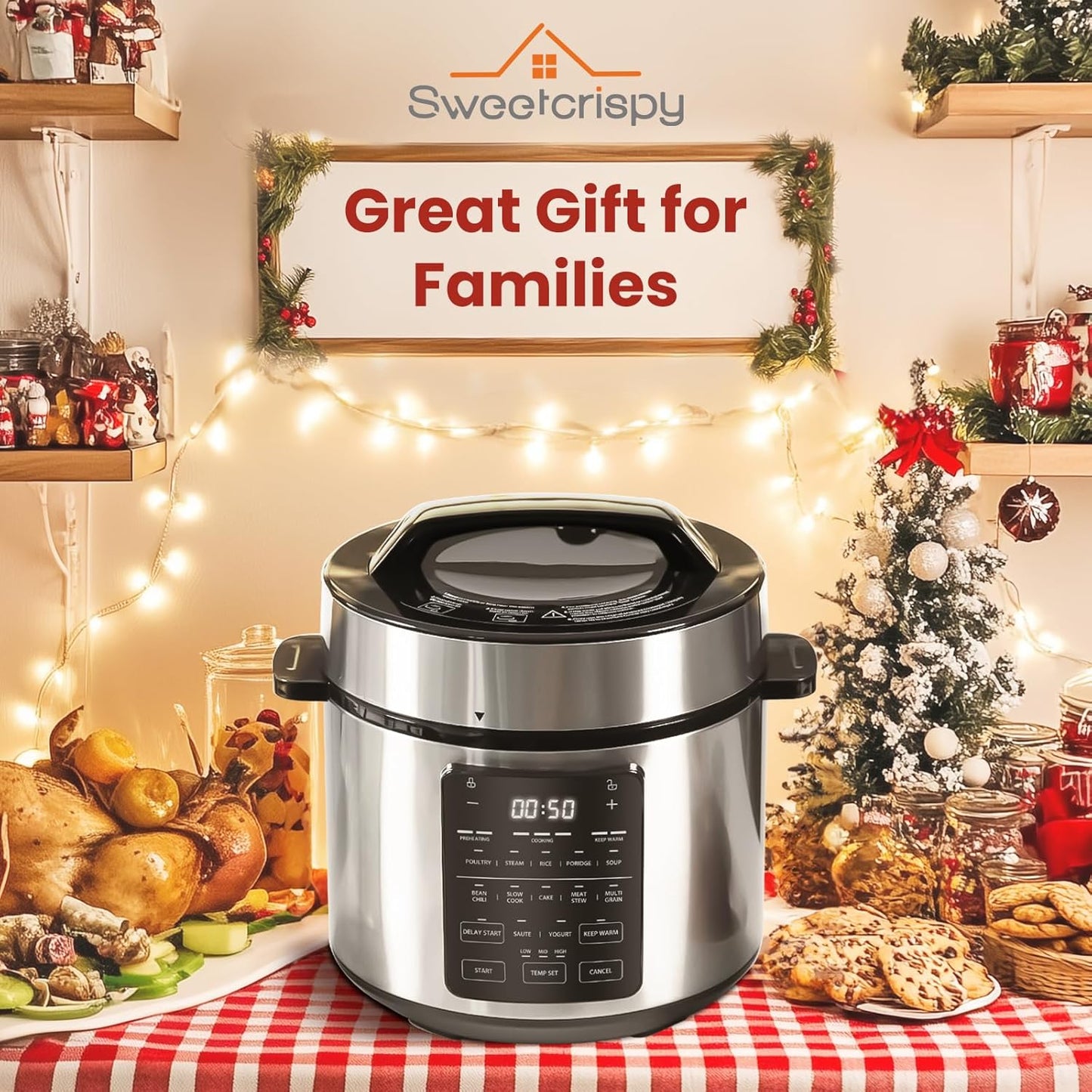 Sweetcrispy 6 QT Electric Pressure Cooker - 12-in-1 Multi-Function Digital Cooker | Stainless Steel Silver
