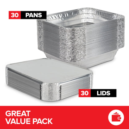 (Set of 30) 9 x 13 Disposable Aluminum Pans with Lids - (30) Heavy Duty Foil Pans with Lids 9x13 (30) Foil Pan Covers, Food Catering Containers for Baking, Cooking, Heating, Storage, Holiday Meal Prep