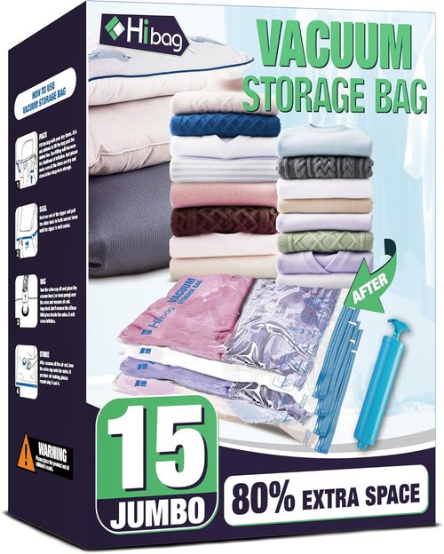HIBAG 15 Jumbo Vacuum Seal Bags - Space-Saving Storage for Clothes, Comforters & Bedding