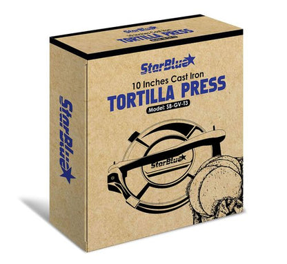 10 Inch Cast Iron Tortilla Press by StarBlue with FREE 100 Pieces Oil Paper and Digital Recipes e-book - Tool to make Indian style Chapati, Flour Tortilla, Roti