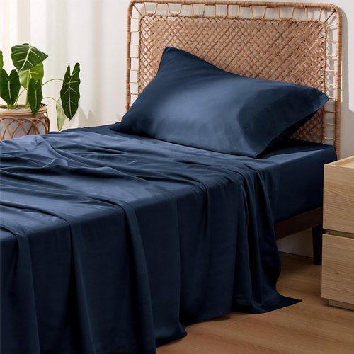 Bedsure Cooling Twin Sheets - Breathable Rayon from Bamboo, Soft & Silky Hotel Luxury Bedding, Navy