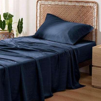 Bedsure Cooling Twin Sheets - Breathable Rayon from Bamboo, Soft & Silky Hotel Luxury Bedding, Navy