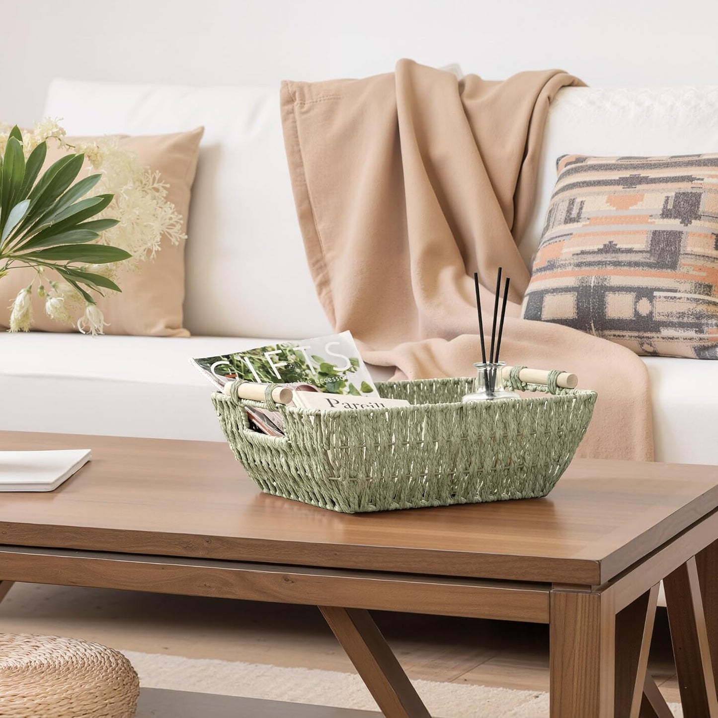 StorageWorks Large Wicker Storage Baskets - Organize with Wooden Handles | Bosana Green, 2-Pack