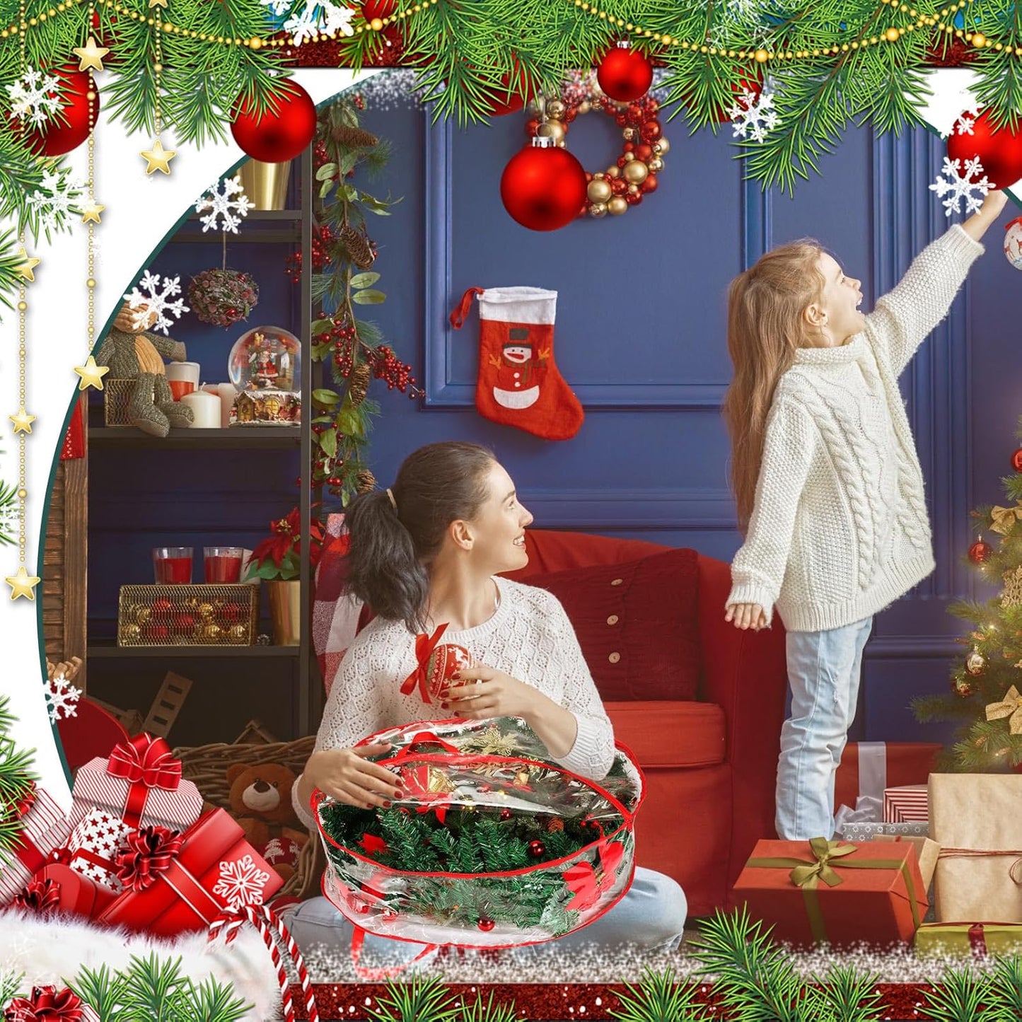 Shappy 24-Inch Clear Christmas Wreath Storage Bag - Durable Plastic with Dual Zippers & Reinforced Handles | Red