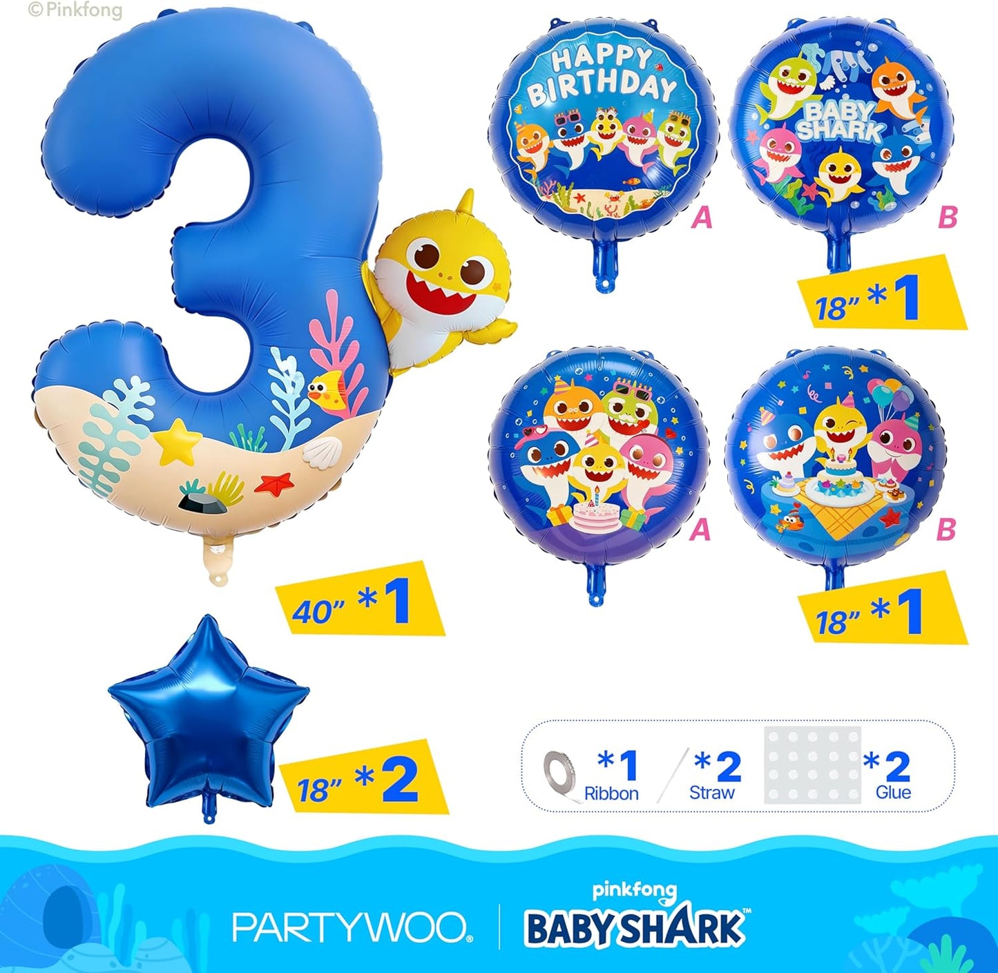PartyWoo Baby Shark Blue Foil Number 3 Balloon - 5pcs 18-Inch Round Mylar Helium Birthday Decorations for Kids