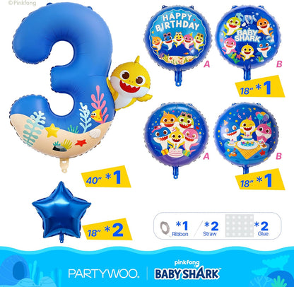PartyWoo Baby Shark Blue Foil Number 3 Balloon - 5pcs 18-Inch Round Mylar Helium Birthday Decorations for Kids