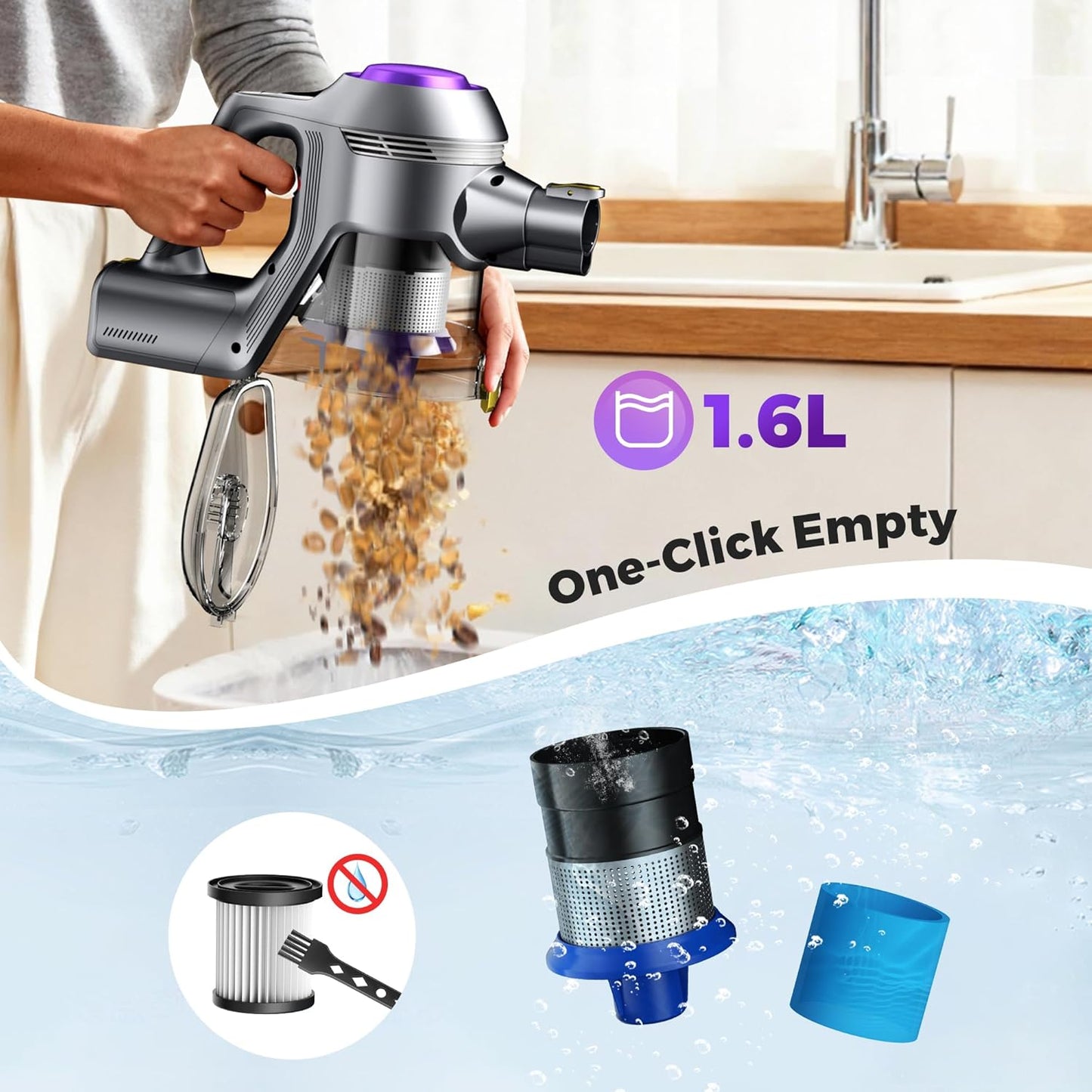 UML0 Cordless Vacuum Cleaner - 40Kpa Powerful Suction | 45 Mins Runtime, 1.6L Dust Box, Anti-Tangle