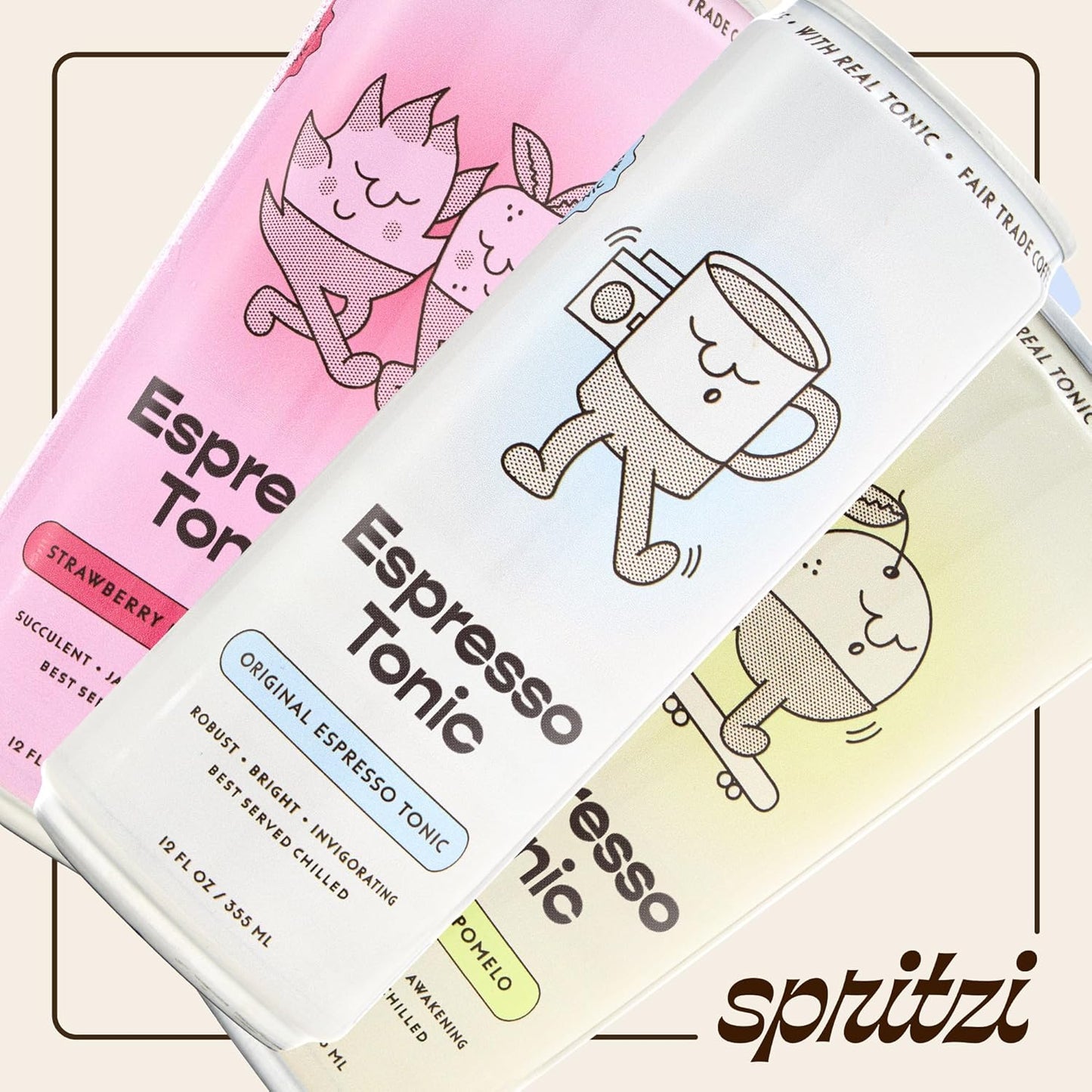 Spritzi Sparkling Espresso Tonic Variety Pack – 75mg Caffeine, Fair Trade Coffee, Naturally Sweetened, Refreshing Energy Drink Alternative – Canned Coffee Drinks (12 Fl Oz x 12 Pack, 3 Flavors)