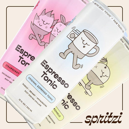 Spritzi Sparkling Espresso Tonic Variety Pack – 75mg Caffeine, Fair Trade Coffee, Naturally Sweetened, Refreshing Energy Drink Alternative – Canned Coffee Drinks (12 Fl Oz x 12 Pack, 3 Flavors)