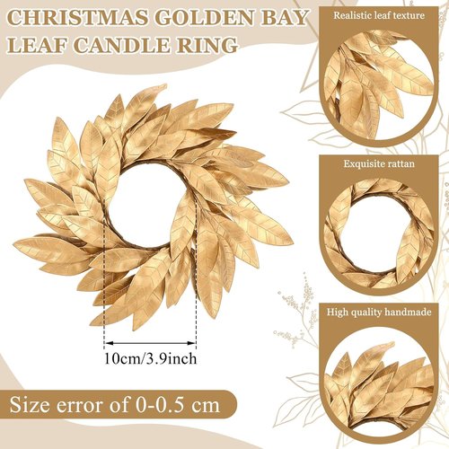 Domensi Gold Bay Leaf Candle Rings - 2 Pcs Rustic Candleholders for 3.9 Inch Pillar Candles | Christmas Decor