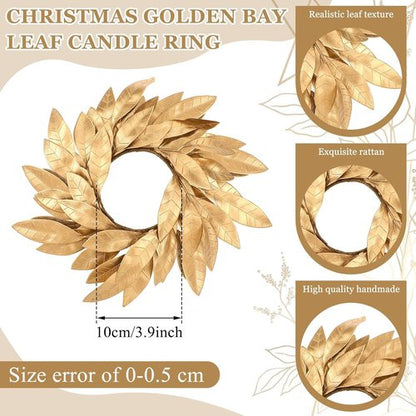 Domensi Gold Bay Leaf Candle Rings - 2 Pcs Rustic Candleholders for 3.9 Inch Pillar Candles | Christmas Decor