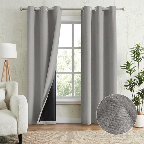 Melodieux 100% Blackout Linen Textrued Curtains for Living Room, Full Light Blocking Thermal Insulated Grommet Curtain Drapes with Black Back for Bedroom, 42 x 63 Inch, Grey (2 Panels)