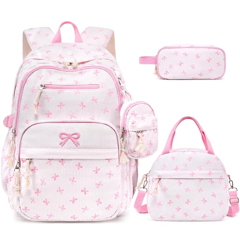 Corduroy Girls Backpack Set with Lunch Box & Pencil Pouch - Beigepink Bow (4-Piece)