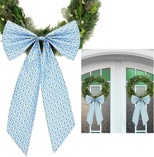 HunnmingRe Christmas Wreath Sash - 24 x 16 Inch Blue & Green Block Print Bow for Indoor/Outdoor Decor
