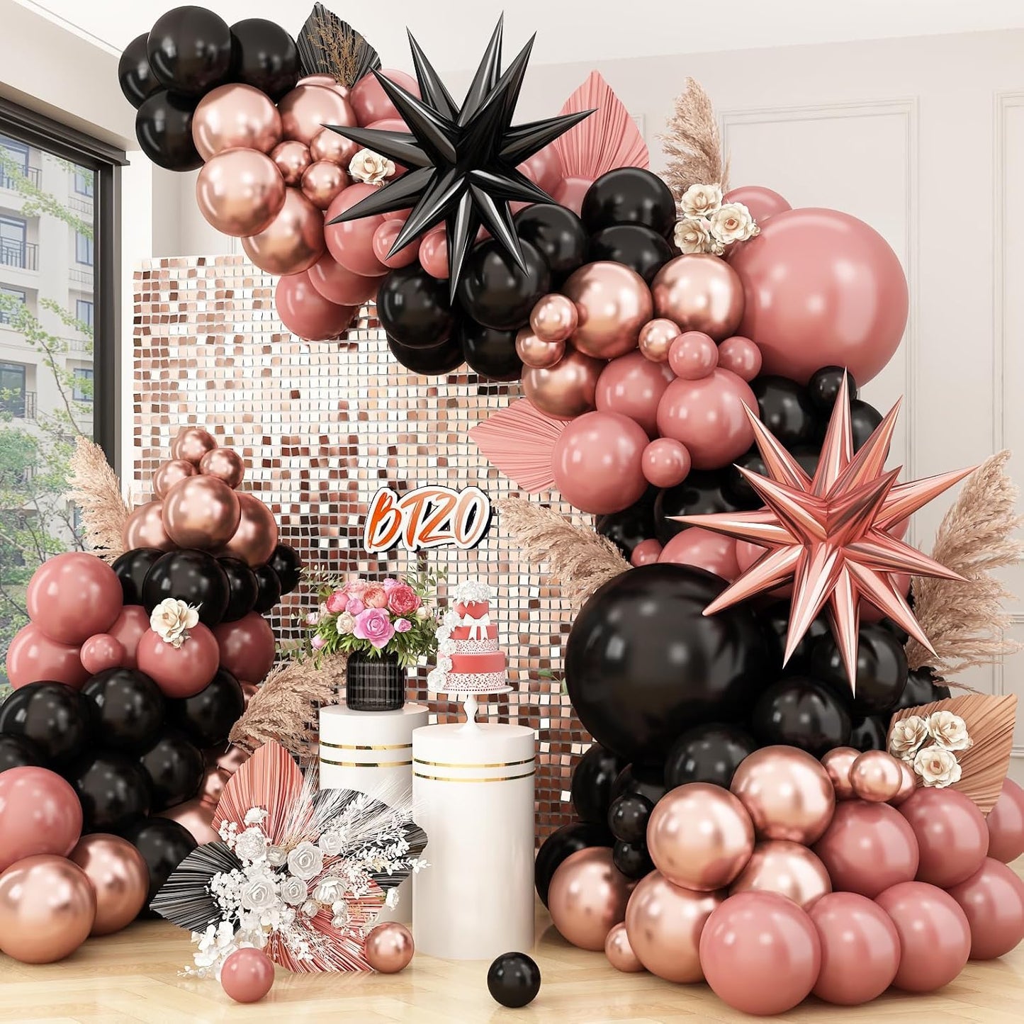 Skiennix Dusty Pink & Black Balloon Arch | Blush Pink Garland with Rose Gold Foil Stars for Parties