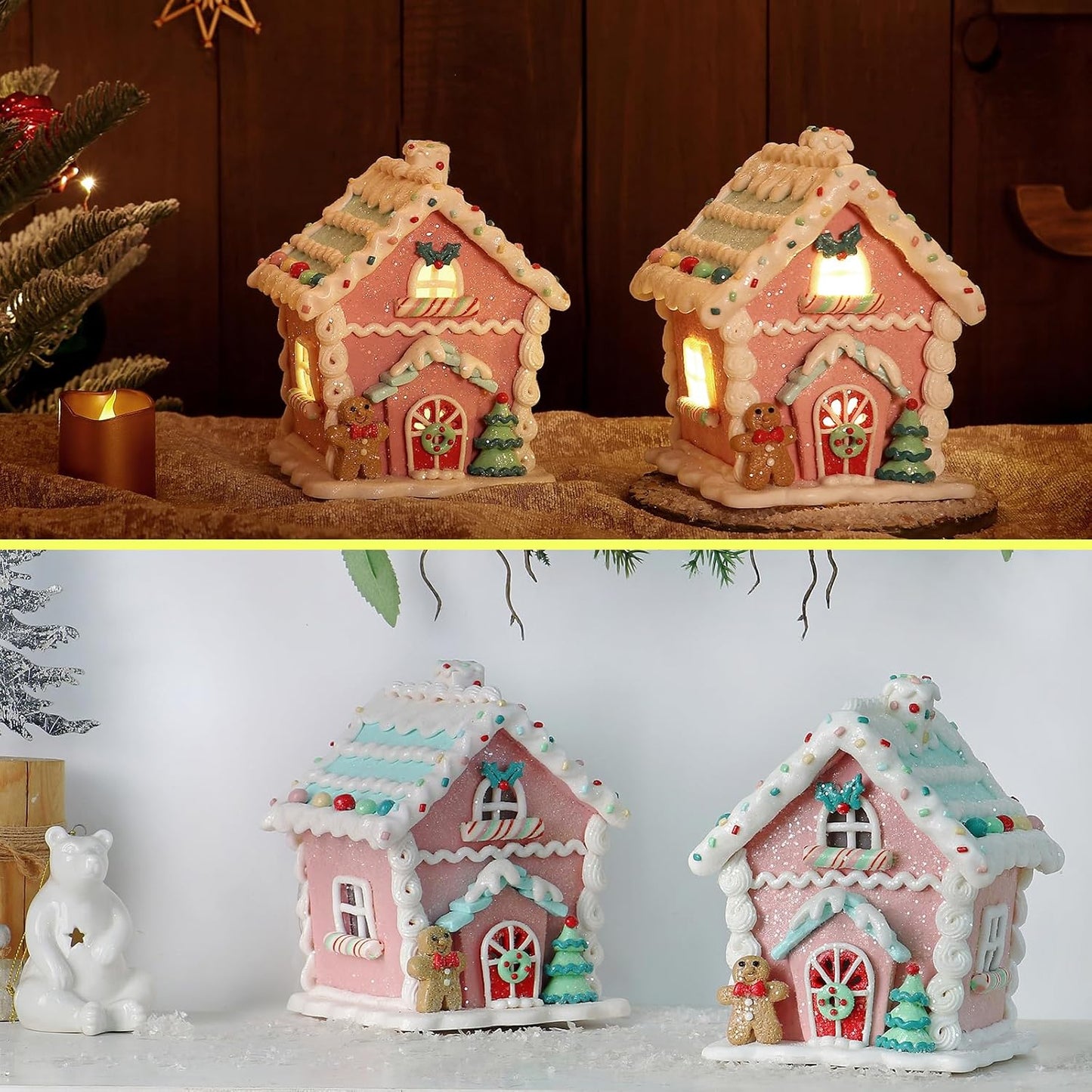 Skiennix LED Gingerbread House Christmas Decorations - 5.9" Ornaments with Gingerbread Cookie & Pine Tree