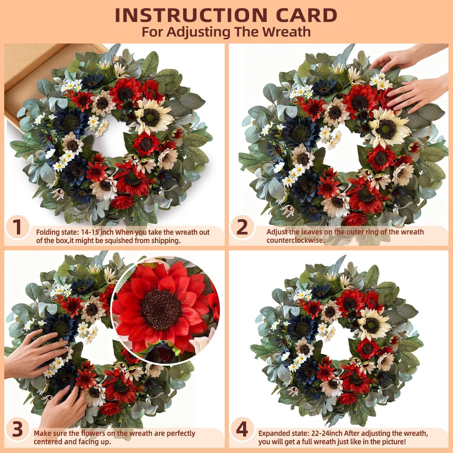 WANNA-CUL 24-Inch Patriotic Sunflower Wreath - Red, White & Blue 4th of July Door Decor