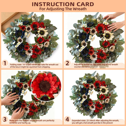 WANNA-CUL 24-Inch Patriotic Sunflower Wreath - Red, White & Blue 4th of July Door Decor