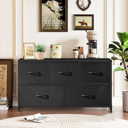5-Drawer Dresser by [Brand Name] - Anti-Tip Fabric Storage Organizer with Wooden Top | Black