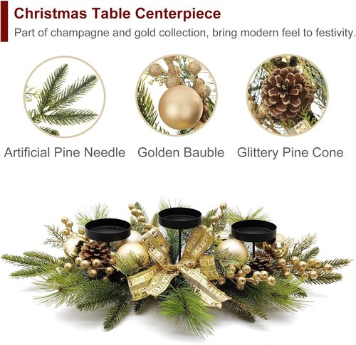 Gold Glittery Christmas Candle Centerpiece - Festive Berries & Pinecones | 27.5 Inch