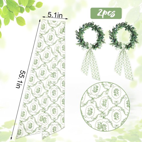 JarThenaAMCS Wreath Sash - Spring Green Floral Garland Ribbon Bow | 55.1 x 5.1 Inch Home Decor